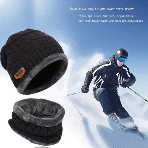 Miniatura 6 de Juego de 2 piezas de gorro de invierno para hombre, bufanda gruesa con forro polar, gorro de calavera, gorro de invierno de punto cálido, calentador