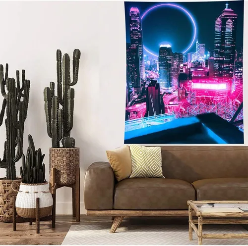 Miniatura 3 de Aidatain Tapiz de juego punk grande de 60 x 80 pulgadas, tecnología futurista, paisaje urbano, rascacielos, estético, tapices de franela para colgar