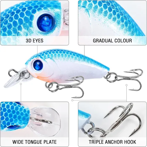 Miniatura 3 de Juego de 10 cebos para pesca de lubina, cebos duros flotantes, pesca de agua superior, para trucha, lubina, perca, salmón, agua dulce y salada, 1.9