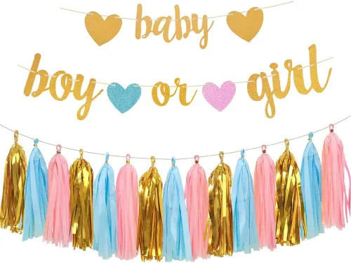 Decoraciones de revelación de género para bebés, pancarta brillante para bebés y niños o niñas con borlas de papel de seda rosa y azul para