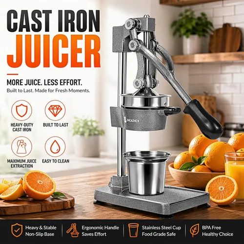 Miniatura 2 de Exprimidor de hierro fundido, prensa manual de cítricos, exprimidor de frutas de alta resistencia con piezas de acero inoxidable desmontables y base