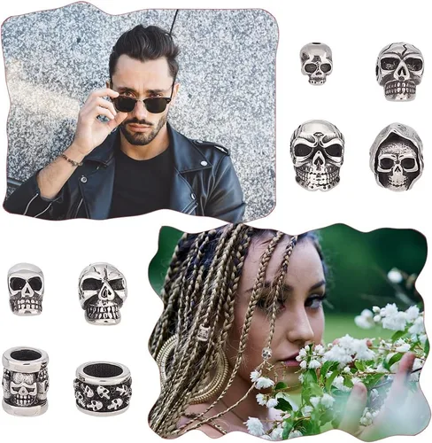 Miniatura 5 de UNICRAFTALE 8 cuentas espaciadoras de acero inoxidable con cabeza de calavera de 8 estilos, cuentas sueltas de plata antigua, cuentas de metal