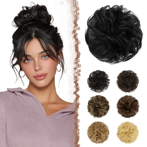 Miniatura 13 de FESHFEN Moños Desordenados Humanos - Moño de Cabello Humano 100% Real Coleteros Scrunchies Piezas de Cabello Extensiones de Cola de Cabello Ondulado