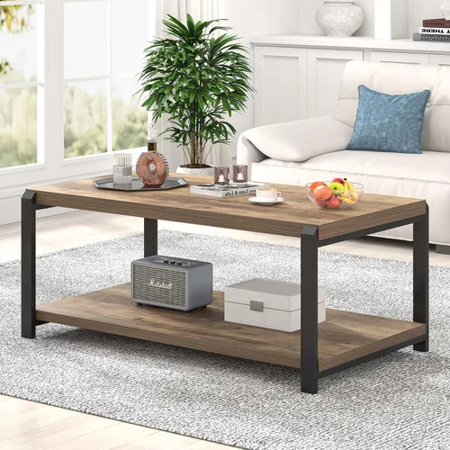 Miniatura 3 de EXCEFUR Mesa de Centro Moderna, Mesa Central de Madera Rústica y Metal para Sala de Estar, Mesa de Cóctel y Té Rectangular Industrial con Roble