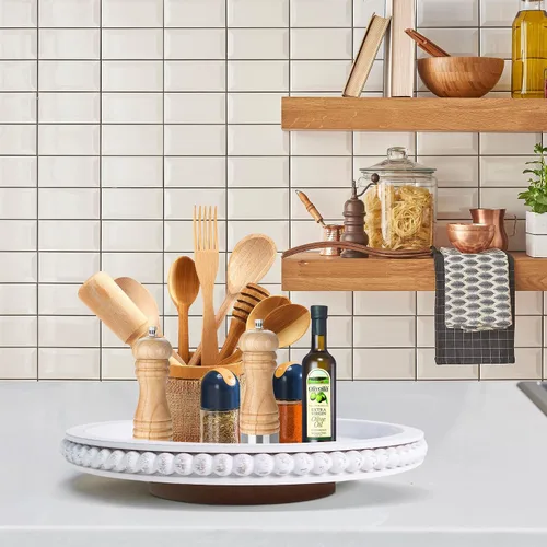 Miniatura 2 de HPC Decor - Organizador de madera Lazy Susan con cuentas de 12 pulgadas para decoración de mesa de granja, tocadiscos redondos para armario de mesa