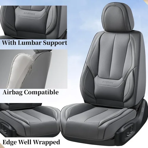 Miniatura 5 de Coverado - Juego completo de fundas de asiento de automóvil grises de cuero napa, impermeables, con cojín para asientos delanteros y respaldos, apto