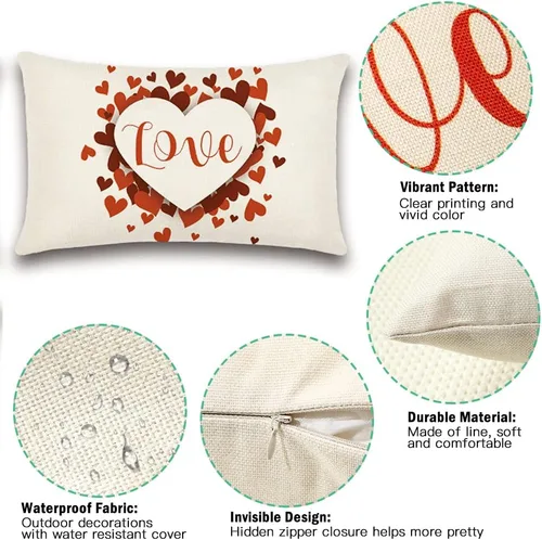 Miniatura 3 de Artscope Fundas de almohada impermeables para el día de San Valentín, juego de 4 fundas de cojín de lino y algodón para sofá en exteriores, 12 x 20