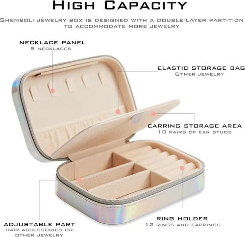Miniatura 2 de Shemboli Caja de joyería pequeña, organizador portátil de piel sintética de viaje portátil, doble capa, organizador de almacenamiento de joyas