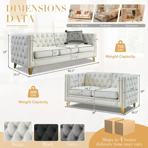 Miniatura 2 de JEEOHEY Juego de Sofás Chesterfield de 2, Sofá Moderno de Terciopelo con Capitoné y Ribete de Tachuelas, Sofá Tapizado de Asiento Profundo, Sofá