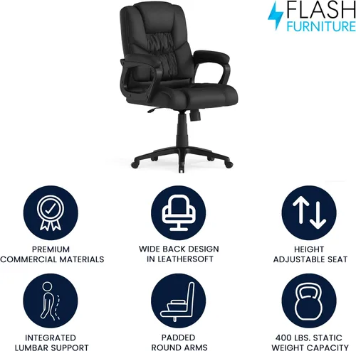 Miniatura 4 de Flash Furniture Fundamentals - Silla giratoria grande y alta de LeatherSoft para oficina y juegos, silla de oficina ergonómica con reposabrazos Negro