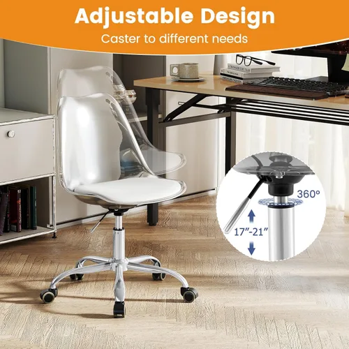 Miniatura 5 de COSTWAY Silla de escritorio transparente, sillas de oficina de acrílico rodantes sin brazos con asiento giratorio y cojín de piel sintética, altura