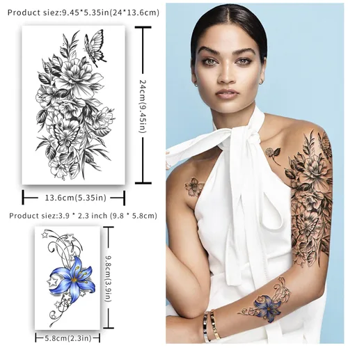 Miniatura 2 de Yazhiji 40 hojas de tatuajes temporales impermeables, colección de flores grandes, calcomanías de tatuaje falsas duraderas para mujeres o niñas