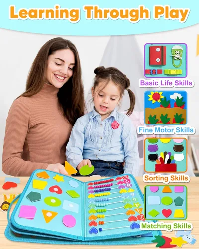 Miniatura 5 de Exorany Tablero Ocupado Juguetes Montessori para Niño Niña Regalos de Cumpleaños, Libro Ocupado Juguetes de Aprendizaje Sensorial para Niños