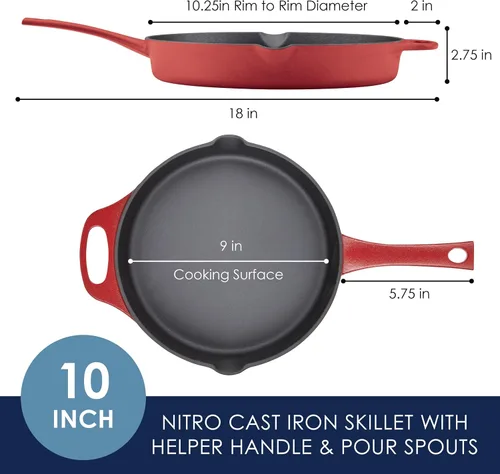 Miniatura 2 de Rachael Ray NITRO - Sartén de hierro fundido con mango auxiliar y boquillas de vertido, 10 pulgadas, color rojo