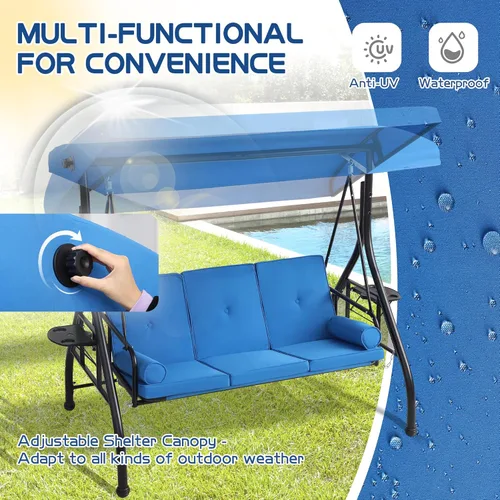 Miniatura 6 de Columpio de porche al aire libre de 3 asientos con toldo ajustable, cama convertible con soporte, planeador de patio con cojín, almohada y soporte