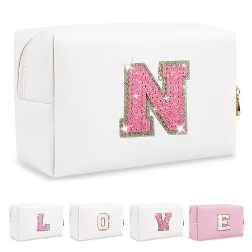 Miniatura 336 de Pequeña bolsa de maquillaje personalizada con inicial A-Z Preppy Patch, bolsa de cosméticos de viaje de felpilla blanca con cremallera, bonita bolsa