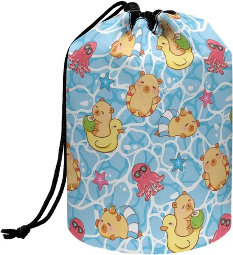 Miniatura 12 de Poceacles Bolsa de maquillaje con cordón, estuche portátil para cosméticos, bolsa de aseo de viaje, organizador de barril, bolsa de almacenamiento
