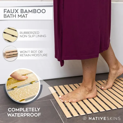 Miniatura 2 de NativeSkins Tapete de ducha de bambú sintético (beige), forro de seguridad antideslizante, impermeable, de secado rápido, tapete de baño de listones