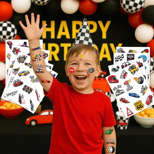 Miniatura 9 de 96 piezas de calcomanías temporales precortadas de autos de carreras, bandera a cuadros, decoración de fiesta de cumpleaños, regalos para niños