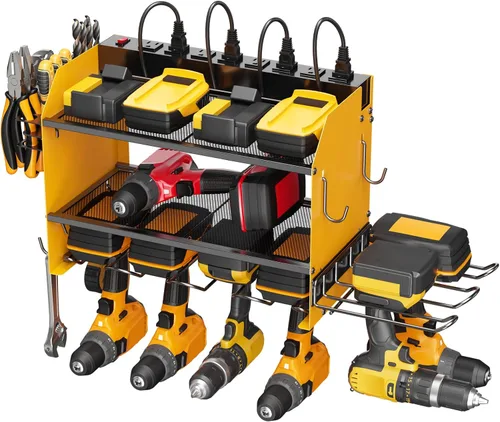 CCCEI Organizador modular de herramientas eléctricas, estación de carga de montaje en pared, soporte amarillo para 6 taladros con regleta de