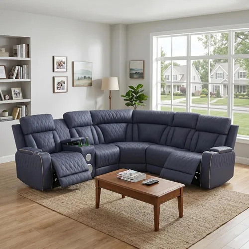 Miniatura 9 de Sofá Seccional Reclinable Eléctrico, Juego de Muebles de Sala en Forma de L, Sofá de Cuero Marrón Claro, Sofá Seccional Reclinable con Consola