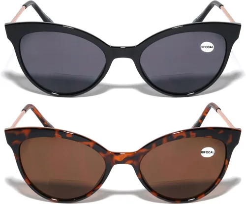 2 pares de lentes de sol bifocales de lectura para mujer, lentes de lectura al aire libre, ojo de gato, vintage, color negro tortuga