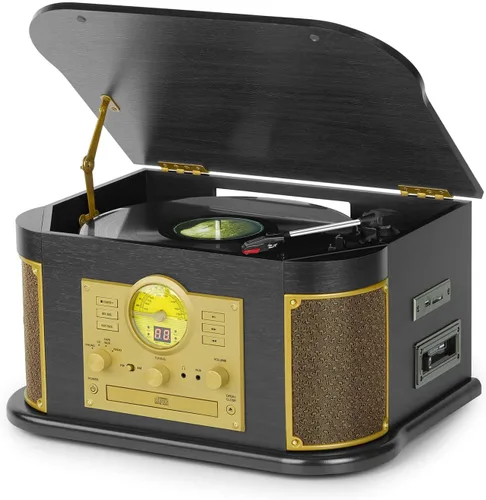 Reproductor de discos de vinilo todo en uno con Bluetooth, CD, cinta de cassette, radio AM/FM, grabadora USB/SD, tocadiscos vintage de 3 velocidades