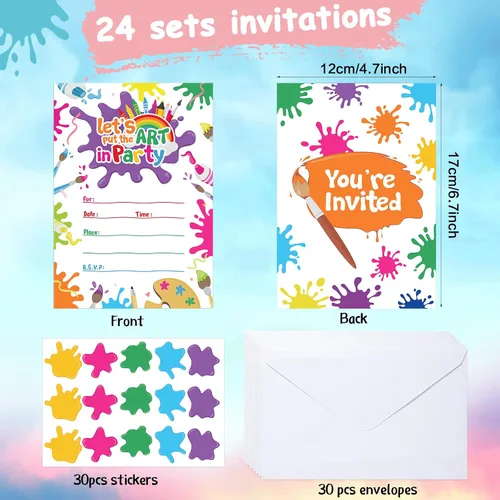 Miniatura 3 de Pajean Juego de 24 invitaciones de fiesta de pintura artística con sobres, tarjetas de cumpleaños coloridas, letras de invitación temáticas