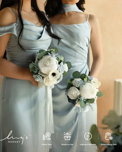 Miniatura 2 de Ling's moment Juego de 4 ramos artificiales de dama de honor, ramos de flores de boda azul polvoriento, ramo floral blanco, ramos de rosas azul