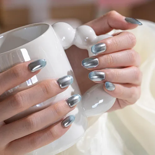 Miniatura 29 de Sun&Beam Nails Uñas a presión hechas a mano medianas con diseño de concha rosa metálica con acabado brillante, 10 piezas para uso diario y ocasiones