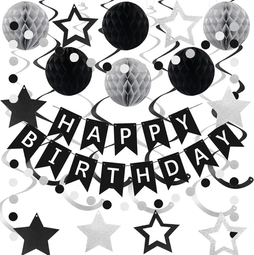 Miniatura 7 de Decoraciones de cumpleaños negras y doradas, pancarta de feliz cumpleaños con estrellas negras y doradas, serpentinas colgantes de espiral, bolas