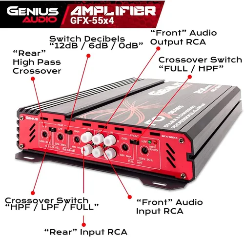 Miniatura 3 de Genius Audio GFX-55X4 Amplificador de coche de rango completo multicanal 1200 vatios Clase máxima AB de 2 ohmios estable con sistema de protección
