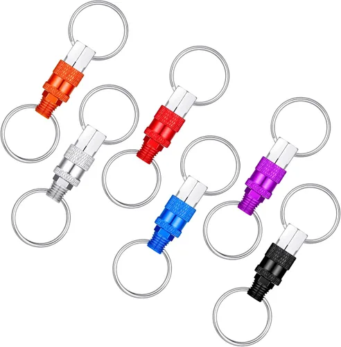Tallew Paquete de 6 llaveros de liberación rápida desmontables, acoplador desmontable con 2 anillos divididos (rojo, azul, morado, plata, naranja,