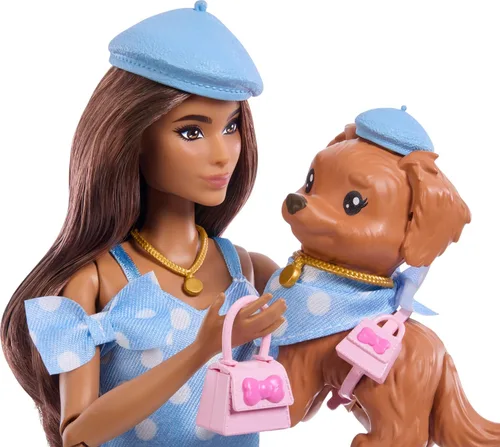 Miniatura 4 de Muñeca Barbie Twinning Looks con perro mascota en ropa y accesorios a juego de lunares azules para ambos, con gorras y bolsos, pelo castaño