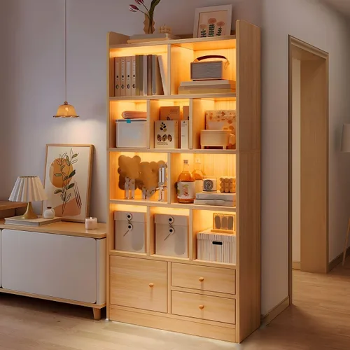 Miniatura 6 de Estantería moderna con cajones y armario de almacenamiento de madera con parte trasera cerrada, estantería independiente para oficina en casa, sin