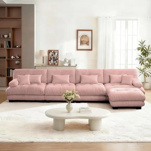 Miniatura 74 de Reposapiés Otomano Tapizado de Terciopelo con Cojín para Sofá Seccional Sofá 300 libras para Sala de Estar (Beige)