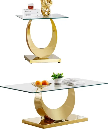 Miniatura 20 de SSLine Mesa auxiliar de cristal de lujo para sala de estar, mesa auxiliar moderna dorada con base de pedestal de acero inoxidable en forma de flor