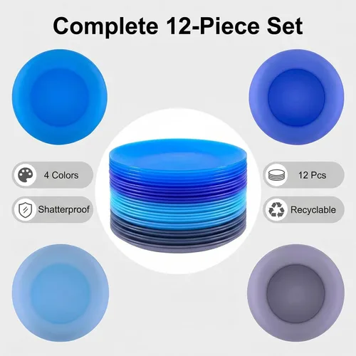 Miniatura 2 de Juego de 12 platos llanos de plástico irrompibles, ligeros, reutilizables, de 10 pulgadas, sin BPA, aptos para lavavajillas, microondas y saludables