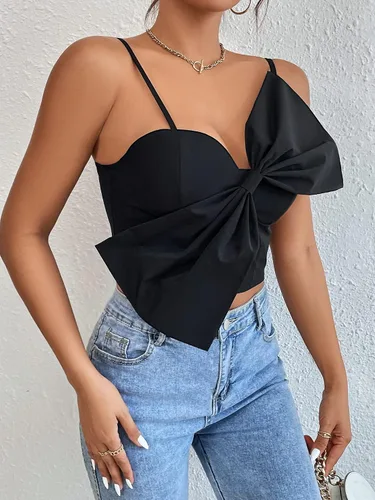 Miniatura 5 de SOLY HUX Camiseta corta sexy con lazo grande para mujer, camiseta corta con tirantes delgados, sin mangas, espalda fruncida