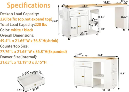 Miniatura 2 de Isla de cocina de 77.8 pulgadas con mesa extensible, isla de cocina rodante con armario de almacenamiento, cajones, estante para especias, toallero