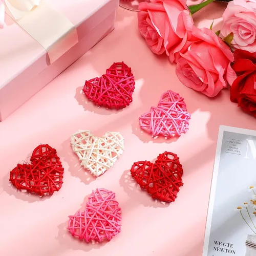 Miniatura 4 de 24 bolas de ratán en forma de corazón de San Valentín de 2.36 pulgadas, rellenos de tazones de jarrón de corazón, decoración de ratán de mimbre