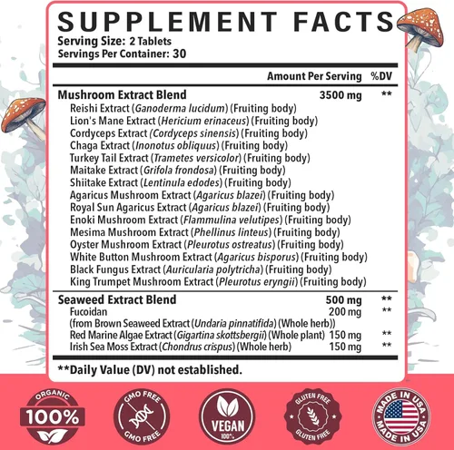 Miniatura 2 de Complejo de hongos sublingual, suplemento de hongos 18 en 1, melena de león, reishi, cola de pavo y más, suplementos cerebrales para memoria y Rosa