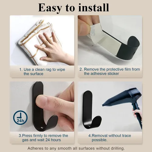 Miniatura 6 de ATDOALL Ganchos adhesivos para toallas, 20 ganchos de pared autoadhesivos de acero inoxidable, gancho de ducha negro resistente, impermeable, a
