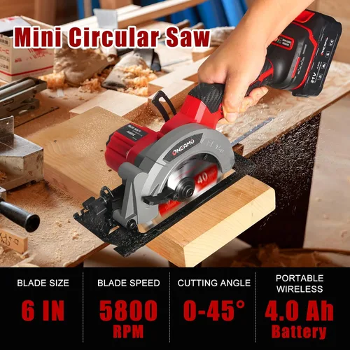 Miniatura 4 de Mini sierra circular inalámbrica de 6", sierra circular inalámbrica compacta de 21V, batería de 4.0Ah, 5800RPM, corte máximo 2-1/6" (90°), 1-1/4
