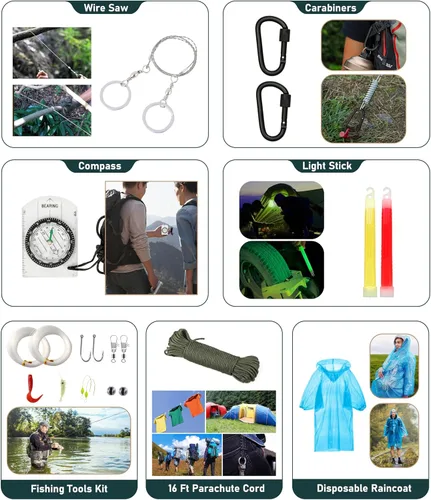 Miniatura 8 de Kit de supervivencia, 262 piezas de equipo y suministros de supervivencia con bolsa de kit de primeros auxilios y bolsa bandolera, kit de emergencia