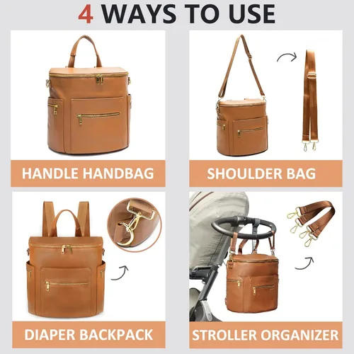 Miniatura 5 de Bolsa de pañales, mochila de cuero para pañales de MF Store, mochila de pañales con funda para portátil, cambiador, bolsa de toallitas, correas