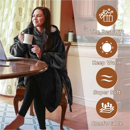 Miniatura 2 de Sudadera tipo poncho de gran tamaño, capa informal con capucha, abrigo con mangas murciélago, manta velluda, cómoda y espaciosa para adultos, unisex.