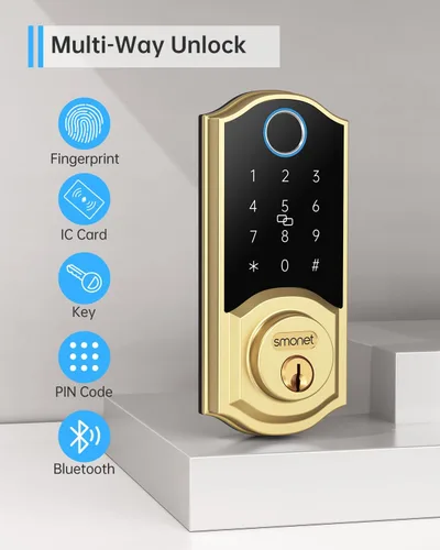 Miniatura 2 de SMONET Cerradura inteligente de latón con huella dactilar, cerradura de puerta de entrada sin llave con control remoto de aplicación, teclado