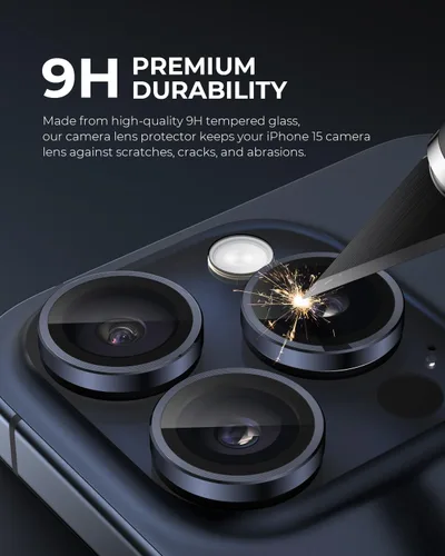 Miniatura 3 de UARMOR - Protector de lente de cámara para iPhone 15 Pro y 15 Pro Max, vidrio templado 9H y anillo de aluminio, HD transparente, kit de fácil