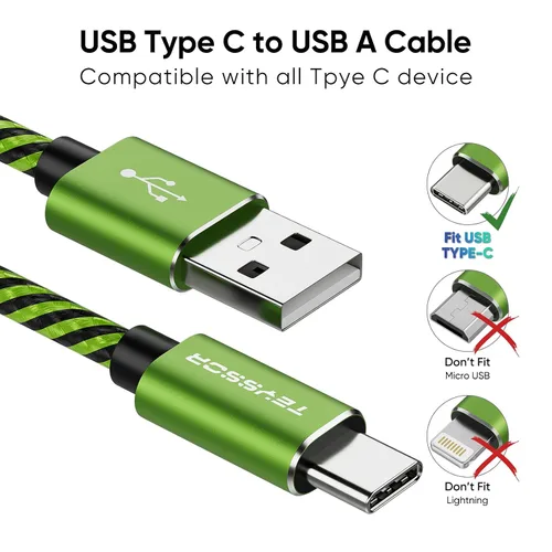 Miniatura 8 de Teyssor Cable USB C de 10 pies, paquete de 5 unidades de nailon trenzado USB A a tipo C, cable de carga rápida compatible con Samsung Galaxy S24 S23